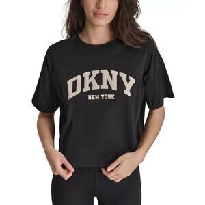 DKNY Sport Puffed Logo Cropped T-Shirt Women's XL Black Crew Neck Pullover New